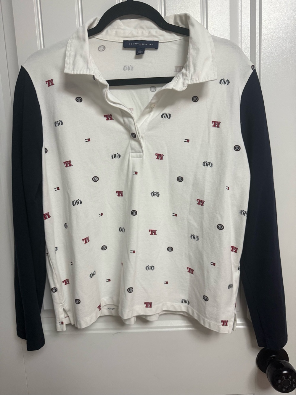 Tommy Hilfiger White Polo with Navy Long Sleeves and Red Logo Accents